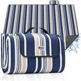 Sekey Wasserdichte Picknickdecke – Sandfeste, faltbare Strandmatte mit gepolstertem PEVA-Untergrund, tragbar für Outdoor, Camping, Strand & Wiese, Blau-Weiß-Beige Streifen